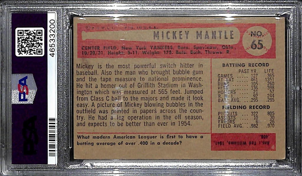 1954 Bowman Mickey Mantle #65 Graded PSA 5