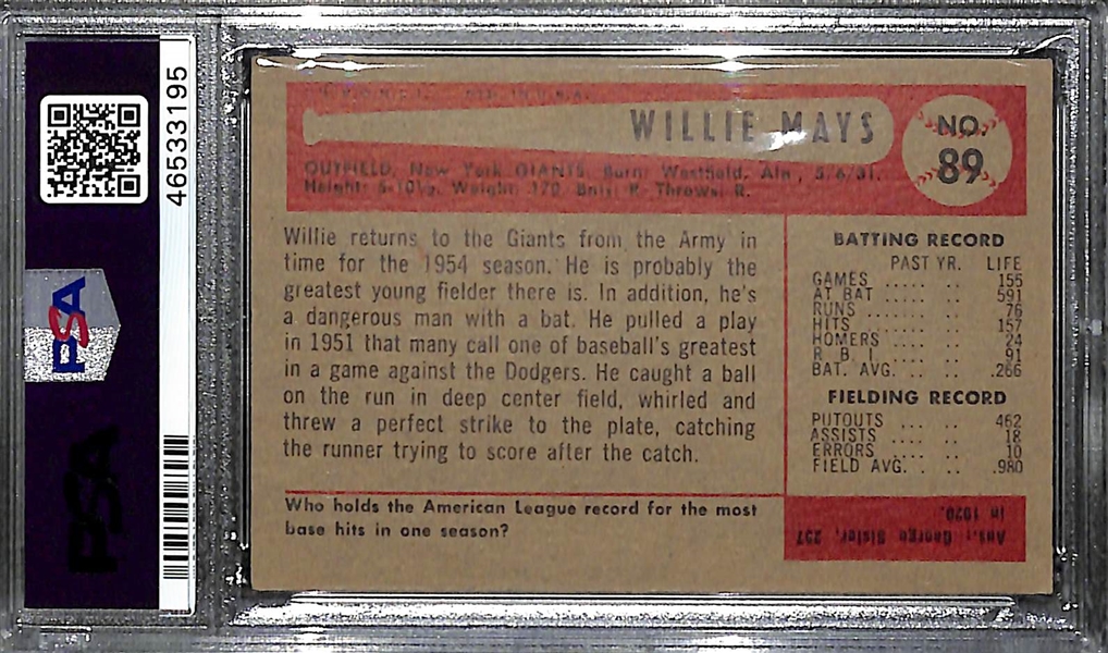 1954 Bowman Willie Mays #89 Graded PSA 5