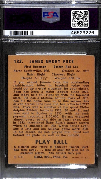 1940 Play Ball #133 Jimmie Foxx Graded PSA 3