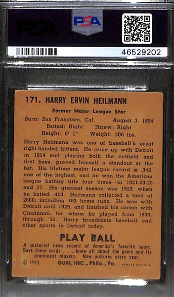 1940 Play Ball #171 Harry Heilmann Graded PSA 4