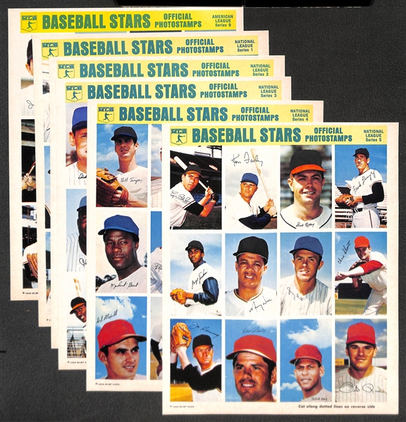 1969-1970 Baseball Stars PhotoStamps Complete Set of AL and NL Stickers (Full Sheets) and Both Unused Books inc. Rose, Mays, Clemente, Aaron