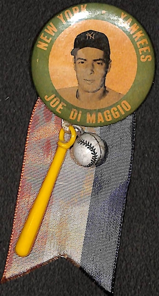 1940s Joe DiMaggio PM10 Stadium Pin (Rarely Seen Green Border w. Original Ribbon, Toy Bat, Toy Ball) 