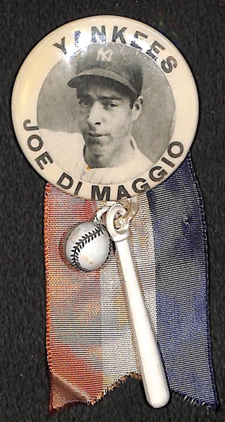 1940s Joe DiMaggio PM10 Stadium Pin (White Border w. Original Ribbon, Toy Bat, Toy Ball) 