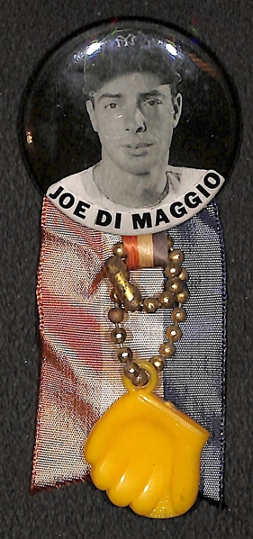1940s Joe DiMaggio PM10 Stadium Pin (Black Border w. Original Ribbon, Toy Glove) 