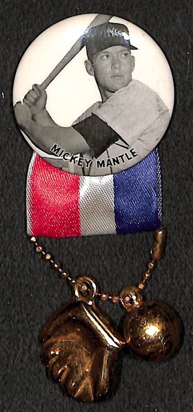 High Quality 1950s Mickey Mantle PM10 Stadium Pin (w. Original Ribbon, Toy Ball, Toy Glove) 