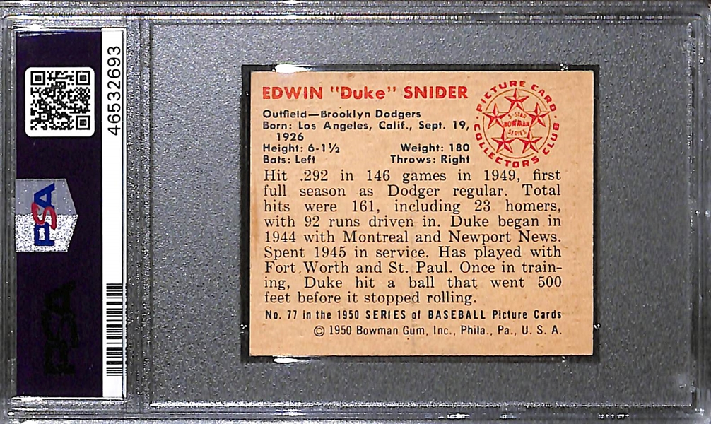 1950 Bowman Duke Snider (#77) Graded PSA 8 (OC)