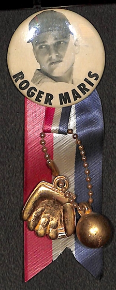 High Quality 1960s Roger Maris PM10 Stadium Pin (w. Original Ribbon, Toy Ball, Toy Glove) 