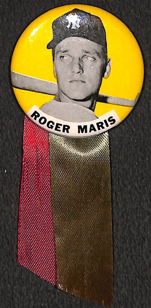 High Quality 1960s Roger Maris PM10 Stadium Pin (Yellow Background w. Original Ribbon) 
