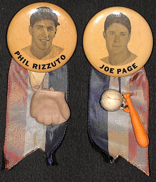 Lot of (2) Yankees 1950s PM10 Stadium Pins - Phil Rizzuto and Joe Page (w. Original Ribbons and Toys)