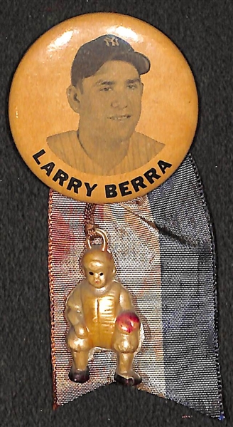 1950s Larry Yogi Berra PM10 Stadium Pin (w. Original Ribbon, and Toy Catcher Figure) 