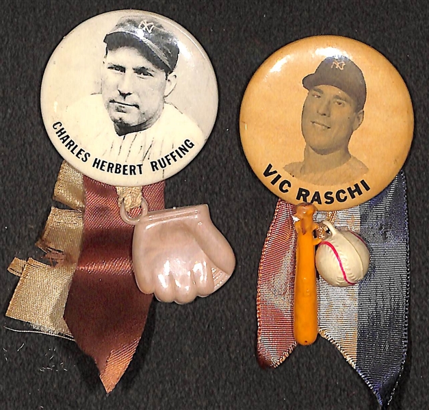 Lot of (2) Yankees 1940s-50s PM10 Stadium Pins - Red Ruffing and Vic Raschi (w. Original Ribbons and Toys)