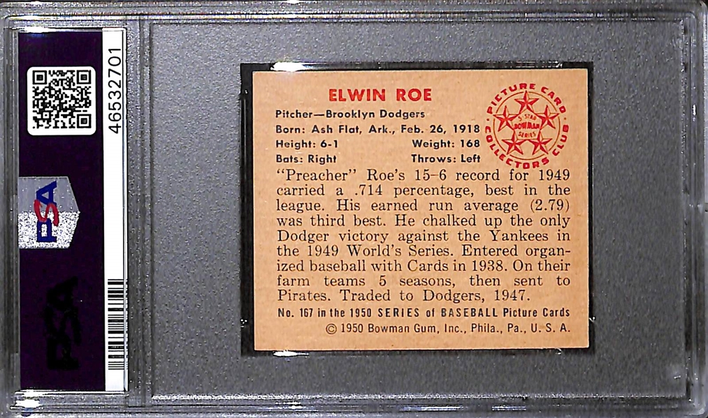 1950 Bowman Elwin Preacher Roe (#167) Graded PSA 8.5