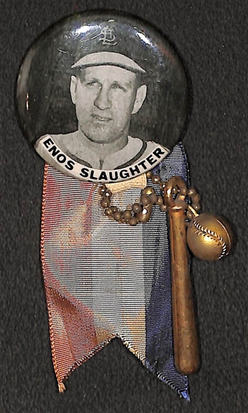 1940s/50s Enos Slaughter PM10 Stadium Pin (w. Original Ribbons and Toy Ball/Bat) St.Louis Cardinals