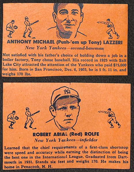 Lot of (5) Hand Cut 1936 Overland Candy (R301) Wrapper Baseball Cards - Dickey (HOF), Lazzeri (HOF), Rolfe, Werber, Radcliff