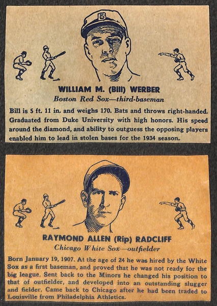 Lot of (5) Hand Cut 1936 Overland Candy (R301) Wrapper Baseball Cards - Dickey (HOF), Lazzeri (HOF), Rolfe, Werber, Radcliff