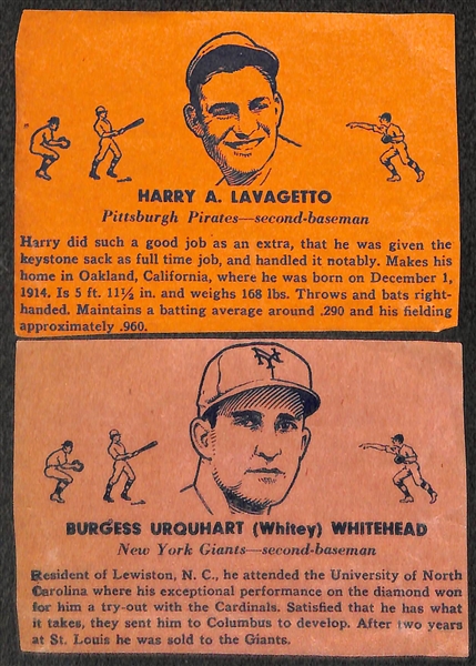 Lot of (5) Hand Cut 1936 Overland Candy (R301) Wrapper Baseball Cards - Gehringer (HOF), Lyons (HOF), Hemsley, Lavagetto, Whitehead