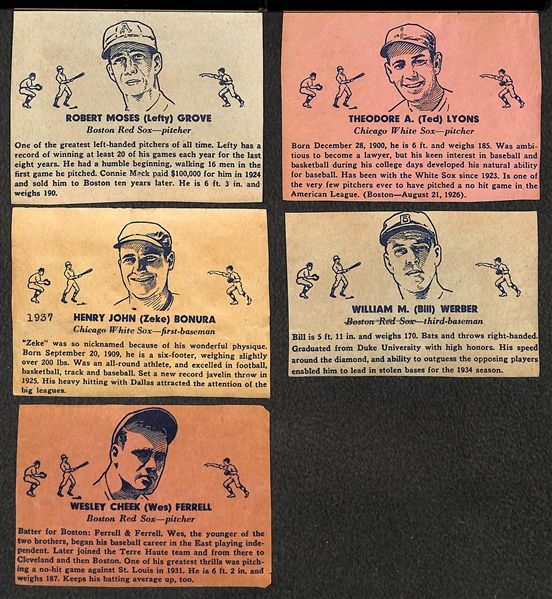 Lot of (5) Hand Cut 1936 Overland Candy (R301) Wrapper Baseball Cards -Grove (HOF), Lyons (HOF), Bonura, Ferrell, Werber
