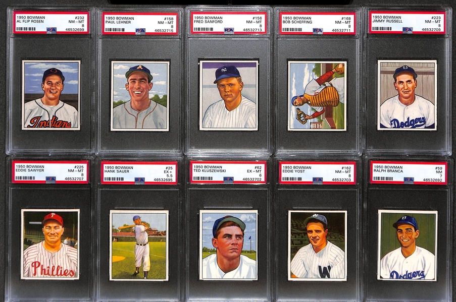 1950 Bowman Partial Baseball Card Partial Set of 145 Mostly Pack-Fresh Cards w/ (13) PSA Graded Cards (9 Graded PSA 8)