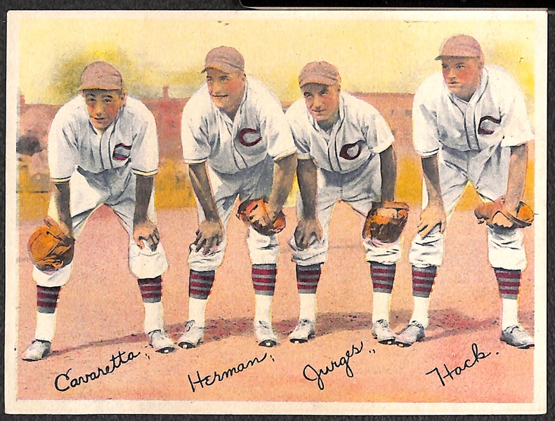 Lot of (4) Cincinnati Reds 1936 R312 Goudey Color Pastel Premiums w/ Reds Infield (w/ Herman), Charles Dressen, Ernie Lombardi, Eugene Schott