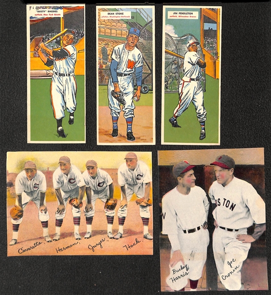 Lot of (3) 1955 Topps Double Headers w. 27/28 (Rhodes/Davis); 17/18 (Stone/White); 33/34 (Pendleton/Conley), & (2) Trimmed 1936 R312 Goudeys (Red Sox w/ Cronin & Reds Infield)