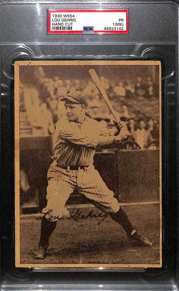 Scarce 1930 W554 Lou Gehrig 5x7 Premium Baseball Card Graded PSA 1(MK) - Writing on Back