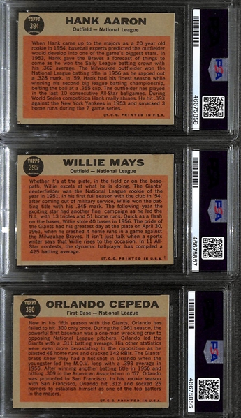 Lot of (3) PSA Graded 1962 Topps AS Cards - Aaron #394 (PSA 6), Mays #395 (PSA 5), Cepeda #390 (PSA 5)