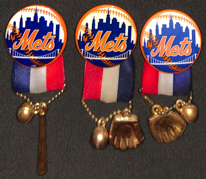 Lot of (8) 1960s-70s Phillies, Cubs, & Mets PM10 Pins (w. Ribbons & Toy Charms) - (2) Phillies, (3) Cubs, (3) Mets