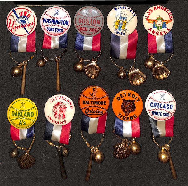Lot of (10) Mostly 1960s PM10 AL Team Pins (w. Ribbons & Toy Charms) - Inc. Yankees, Senators, Red Sox, Twins, Angels, A's, Indians, Orioles, Tigers, White Sox
