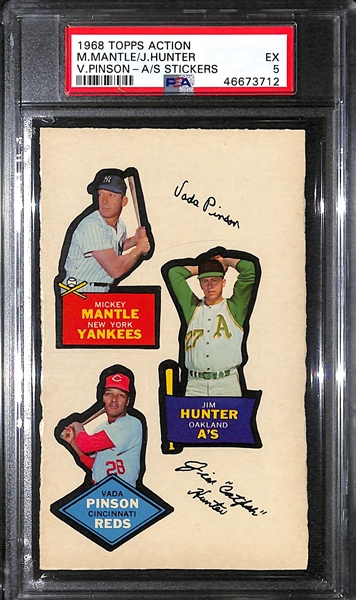 1968 Topps Action All-Star Stickers Jim Hunter/Mickey Mantle/Vada Pinson Graded PSA 5