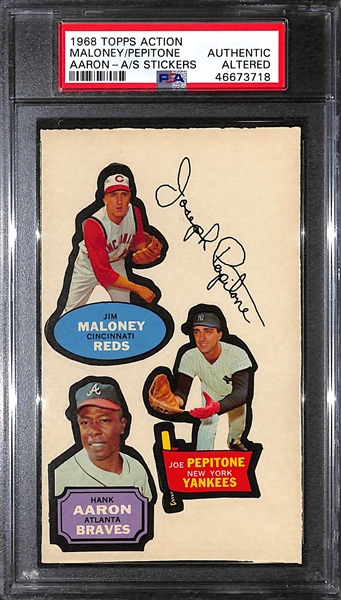 1968 Topps Action All-Star Stickers Hank Aaron/Jim Maloney/Joe Pepitone Graded Authentic/Altered 