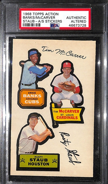 1968 Topps Action All-Star Stickers Ernie Banks/Rusty Staub/Tim McCarver Graded Authentic/Altered 