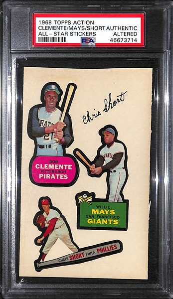 1968 Topps Action All-Star Stickers Roberto Clemente/Willie Mays/ Chris Short Graded Authentic/Altered