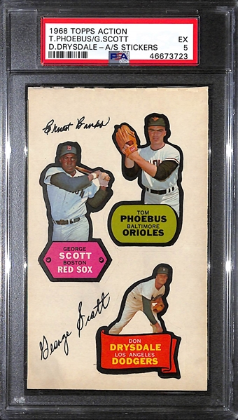 1968 Topps Action All-Star Stickers Don Drysdale/George Scott/Tom Phoebus Graded PSA 5