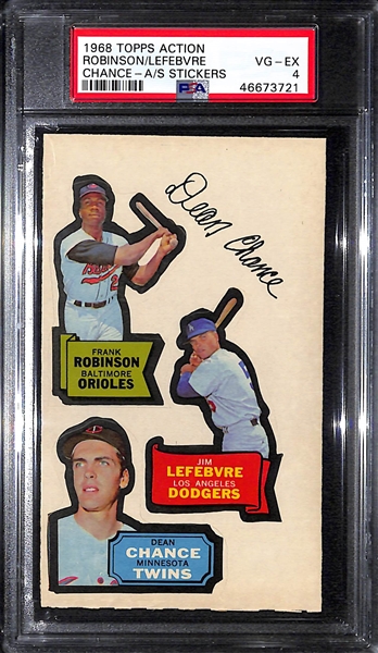 1968 Topps Action All-Star Stickers Dean Chance/Frank Robinson/Jim LeFebvre Graded PSA 4