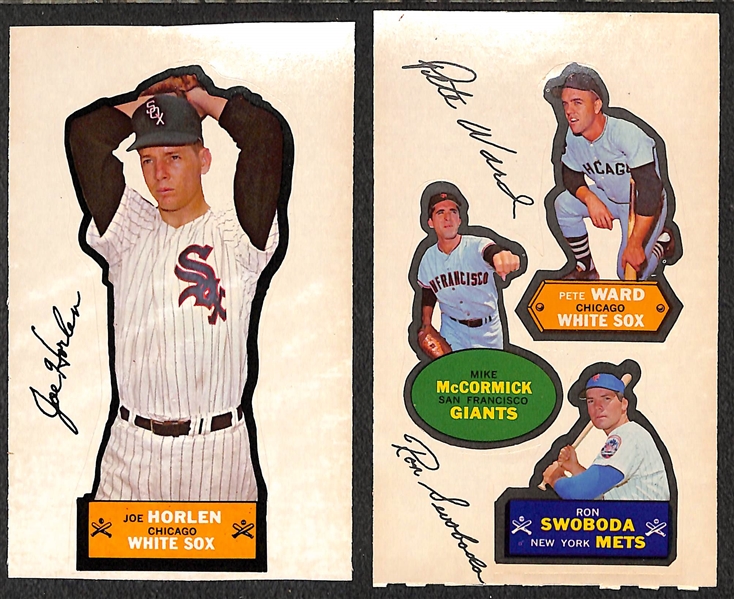 Lot of (2) 1968 Topps Action All-Star Stickers w/ Joe Horlen (Single) and Ron Swoboda/Pete Ward/Mike McCormick