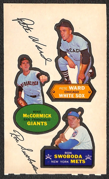 Lot of (2) 1968 Topps Action All-Star Stickers w/ Joe Horlen (Single) and Ron Swoboda/Pete Ward/Mike McCormick