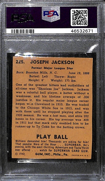 1940 Play Ball Shoeless Joe Jackson #225 Graded PSA Authentic/Altered (Trimmed)