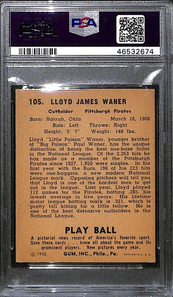 1940 Play Ball Lloyd Waner #105 Graded PSA 5.5 (EX+)