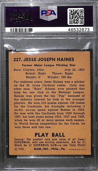 1940 Play Ball Jesse Pop Haines #227 Graded PSA 4 (VG-EX)