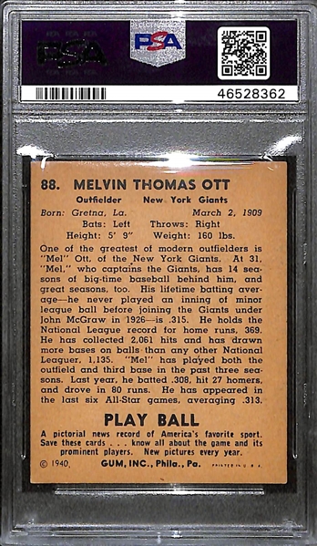 1940 Play Ball Mel Ott #88 Graded PSA 5 (EX)