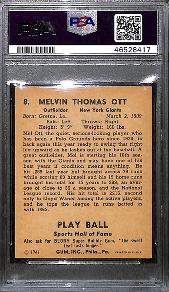 1941 Play Ball Mel Ott #8 Graded PSA 7 (MC) NM