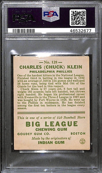1933 Goudey Chuck Klein #128 Graded PSA 5 (EX)