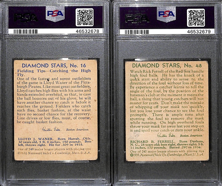 1936 Diamond Star Graded HOFer Lot - Lloyd Waner #16 (PSA 3) & Rick Ferrell #48 (PSA 3 MK) 