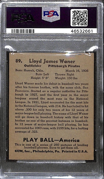 1939 Play Ball Lloyd Waner #89 Graded PSA 6 (EX-MT)