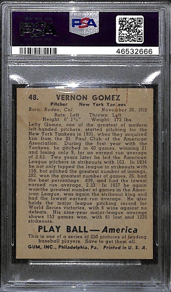 1939 Play Ball Vernon Lefty Gomez #48 Graded PSA 6 (EX-MT)