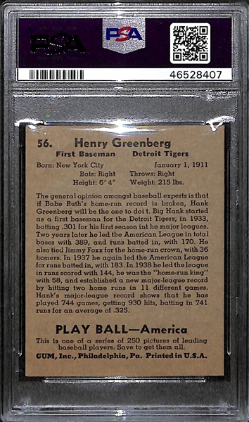 1939 Play Ball Hank Greenberg #56 Graded PSA 5 (EX)