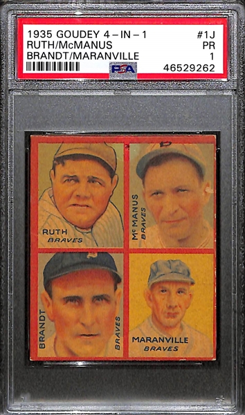 1935 Goudey 4-in-1 Babe Ruth Card (#1J) Showing Brandt, Maranville, McManus, and Ruth Graded PSA 1