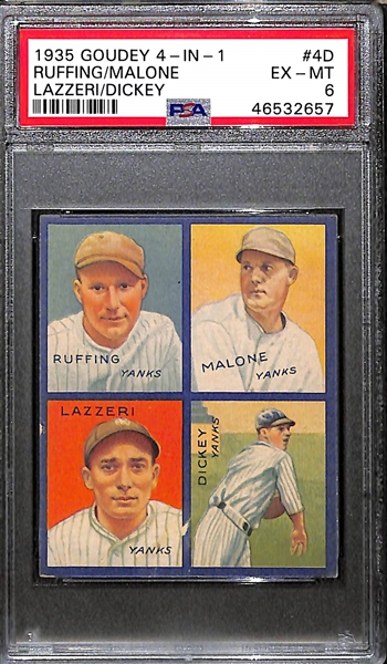 1935 Goudey 4-in-1 #4D Dickey (HOF), Lazzeri (HOF), Malone, Ruffing (HOF) - Graded PSA 6
