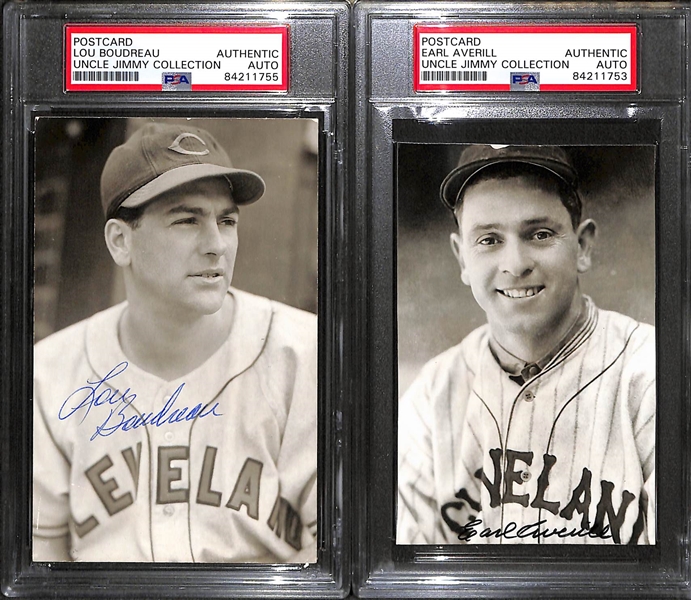 Lou Boudreau and Earl Averill Signed 1950s Postcard Photos From Photographer George Brace (PSA Authentic) Averill is Trimmed