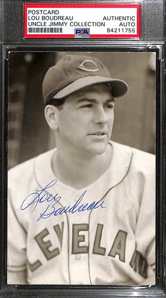 Lou Boudreau and Earl Averill Signed 1950s Postcard Photos From Photographer George Brace (PSA Authentic) Averill is Trimmed
